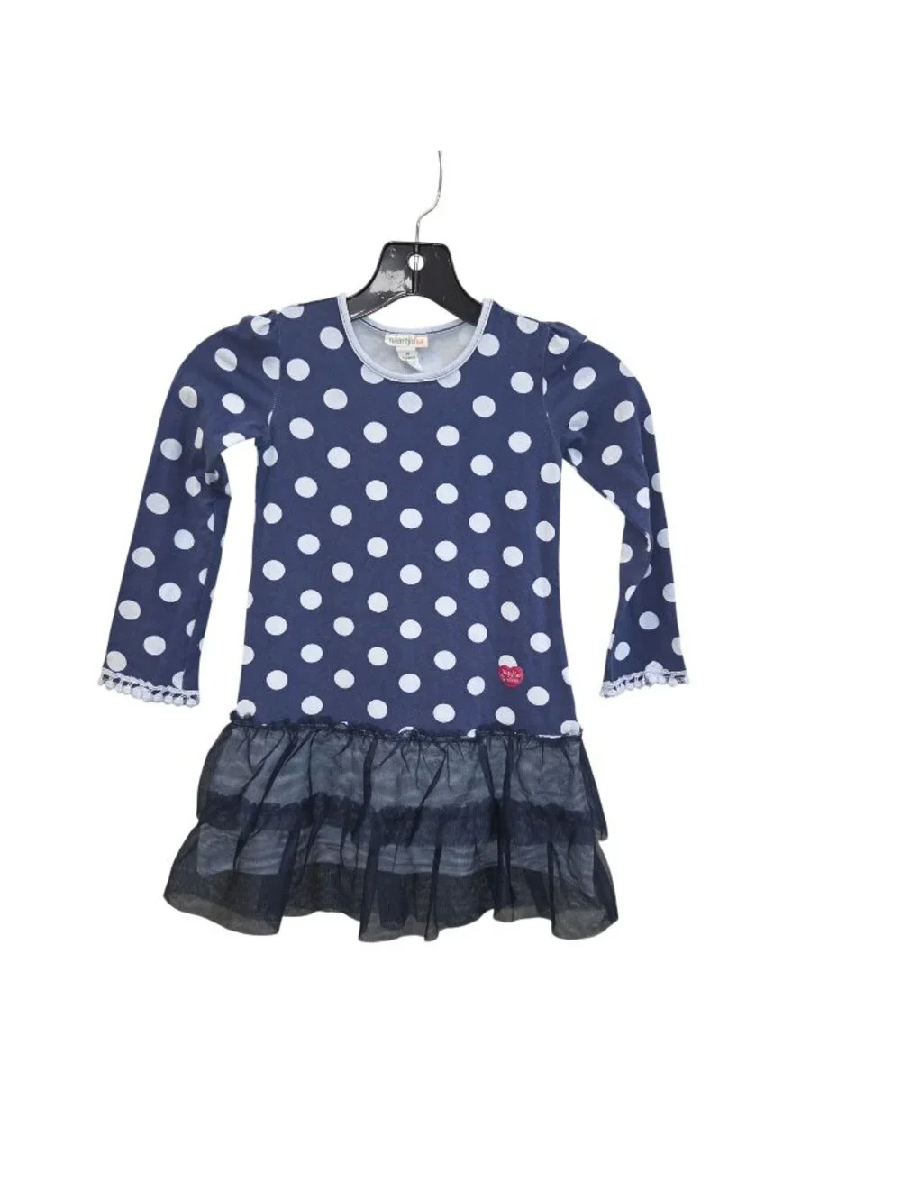 Naartjie Girls 5 Dress Blue Polka a dot Pattern zRuffled Mesh Hem. 4281